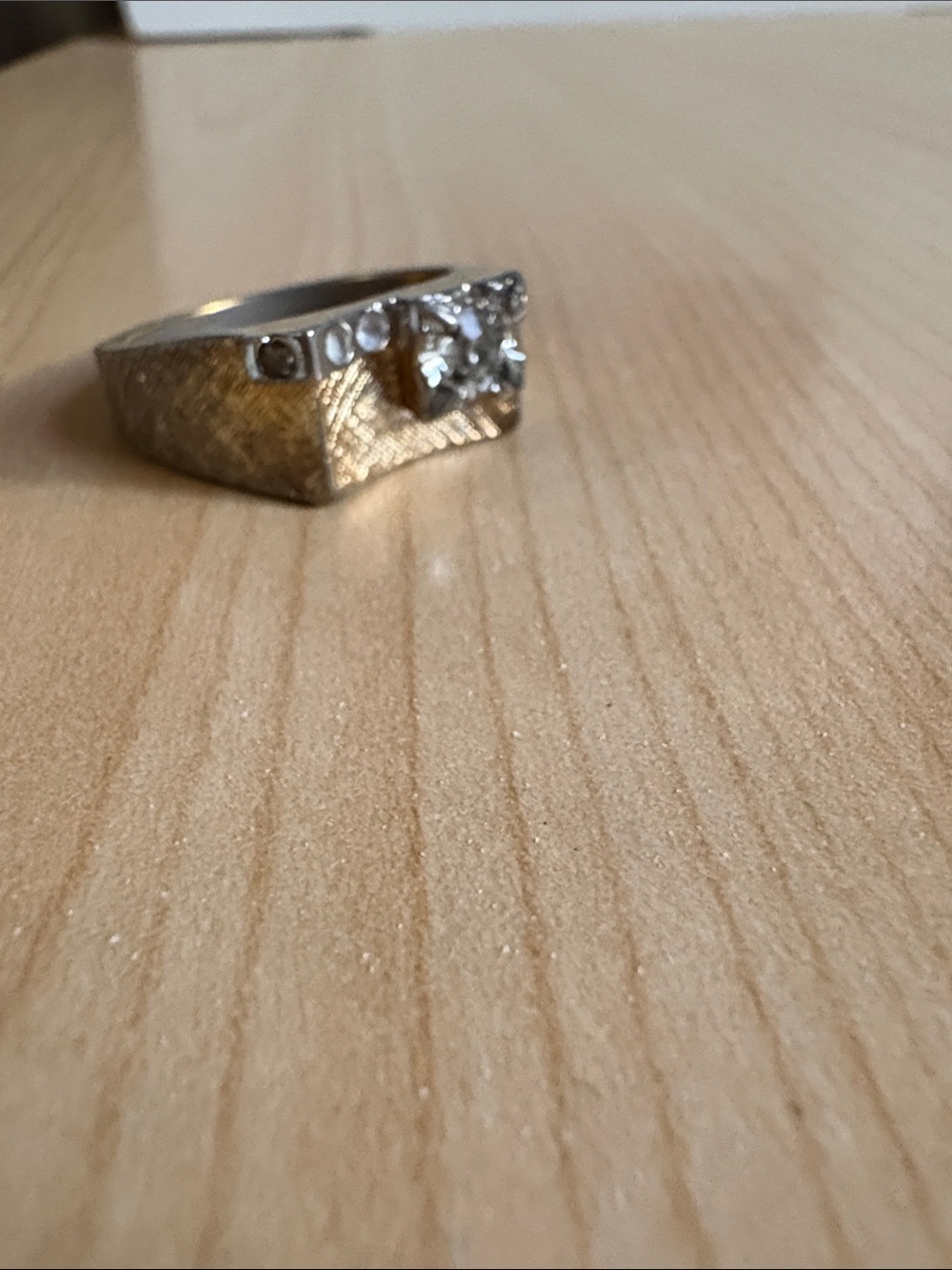 Men's Gold-Tone Signet Ring with Clear Stones